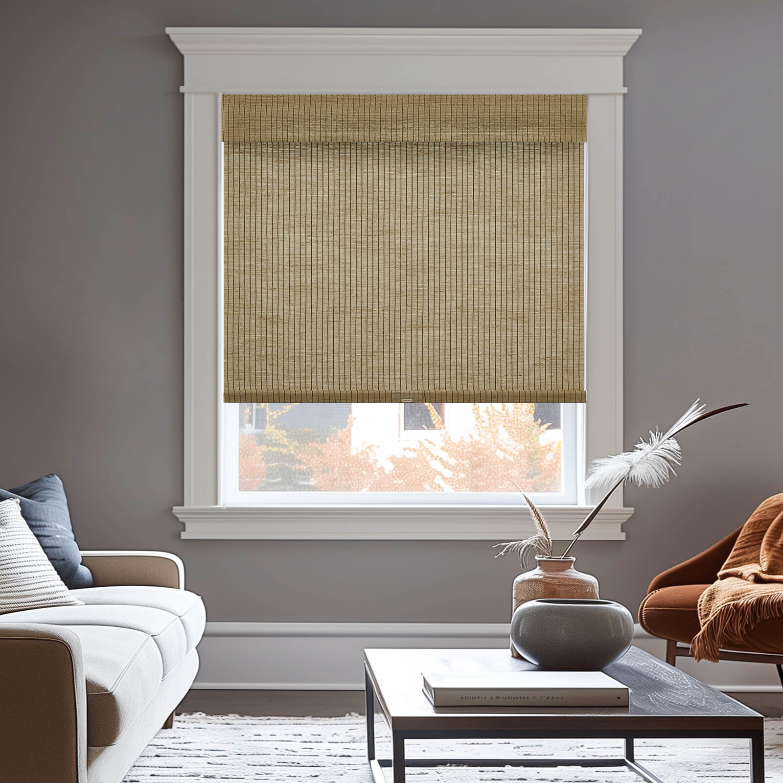 Keego No Drill Natural Style Ramie Straw Paper Roller Shades