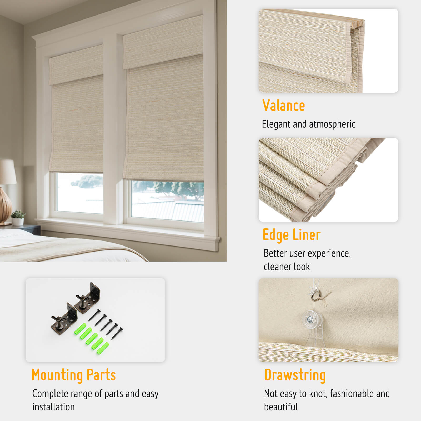 Keego Natural Fabric Roman Shades Cordless